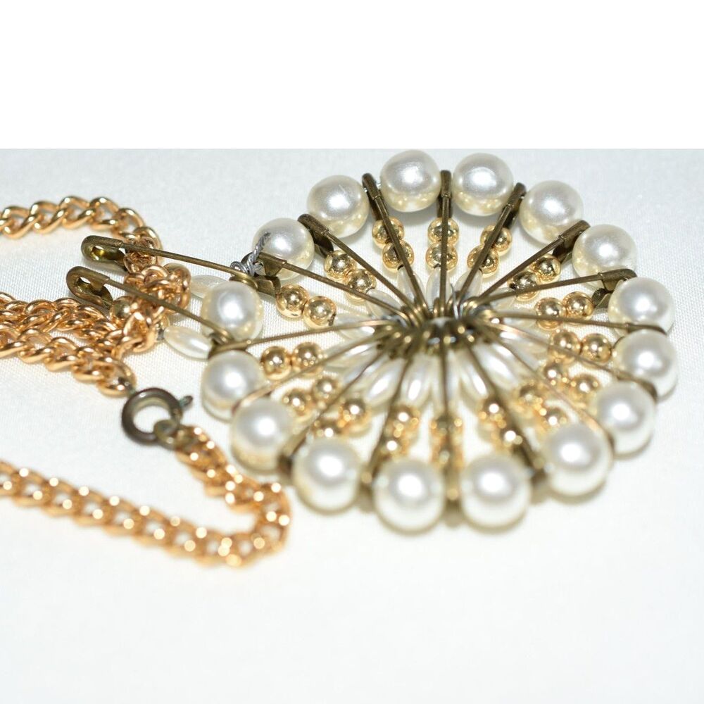 Unique Crafted Safty Pin Sunburst Gold Tone 22" Link Chain 2.5" Pendant Necklace